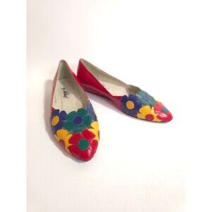 Vintage Aj Valenci Daisy appliqué Mod floral Leather Flats Size 7M 80s Art Shoes